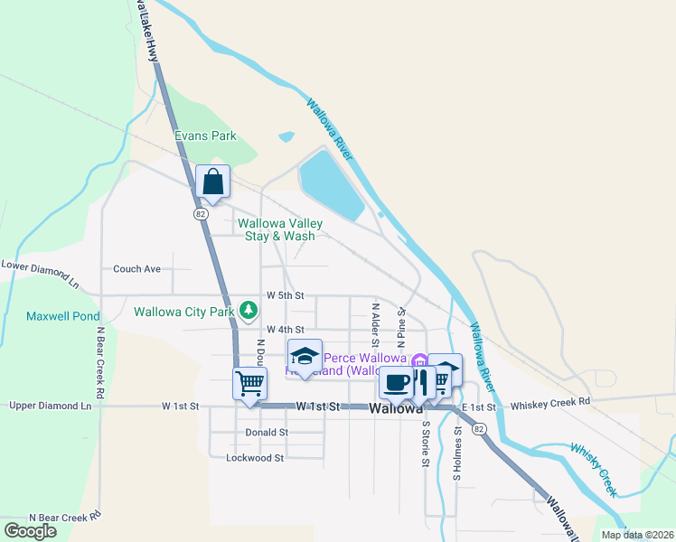 map of restaurants, bars, coffee shops, grocery stores, and more near 203 West 6th Street in Wallowa