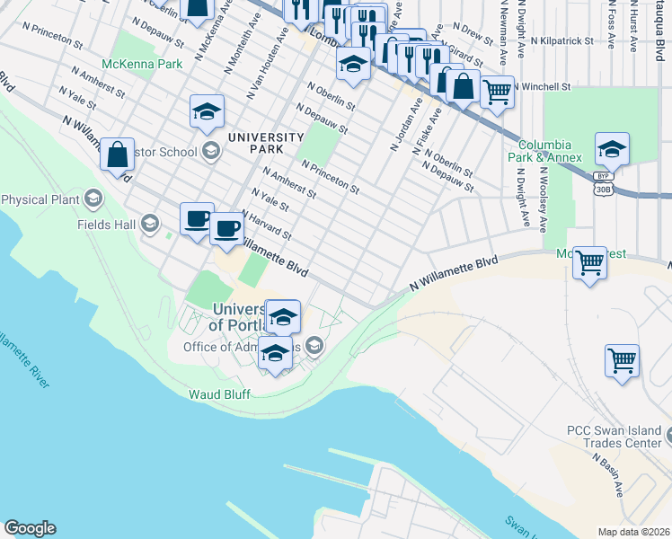 map of restaurants, bars, coffee shops, grocery stores, and more near 4903 North Willamette Boulevard in Portland
