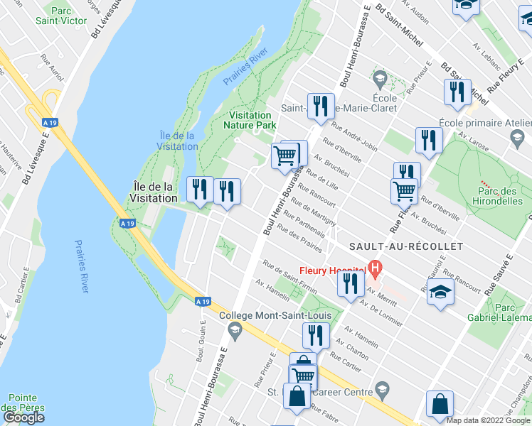 map of restaurants, bars, coffee shops, grocery stores, and more near 2165 Boulevard Henri-Bourassa Est in Montréal