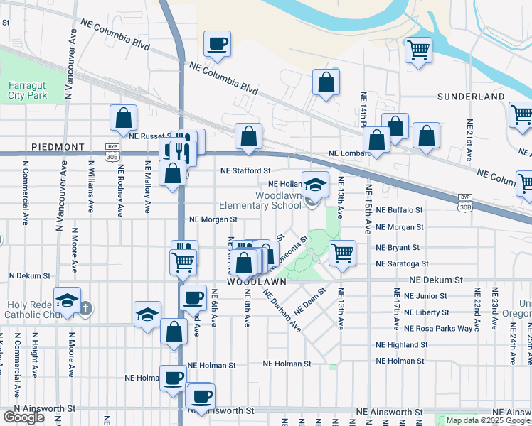map of restaurants, bars, coffee shops, grocery stores, and more near 7114 Northeast 8th Avenue in Portland
