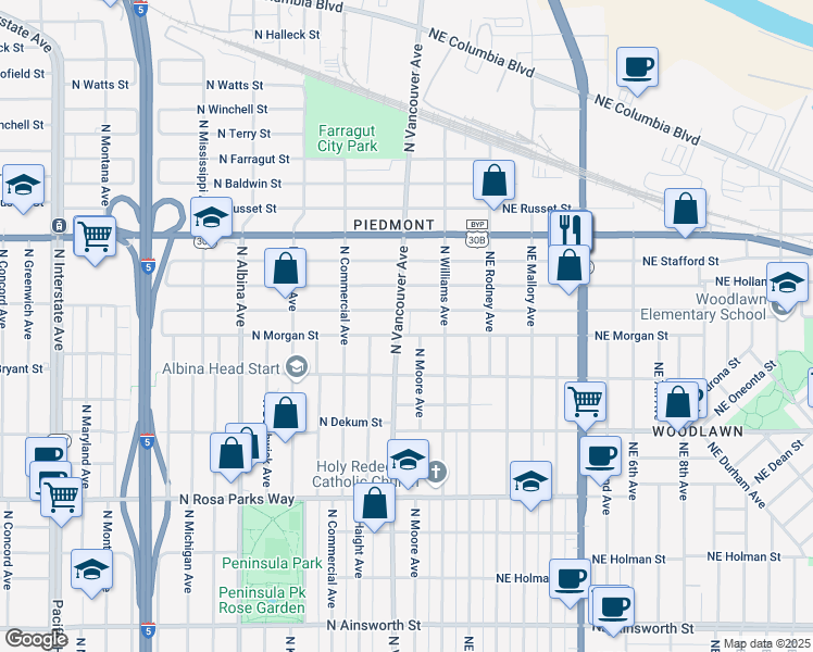 map of restaurants, bars, coffee shops, grocery stores, and more near 7120 North Vancouver Avenue in Portland