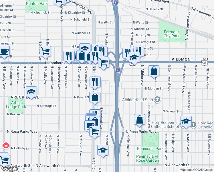 map of restaurants, bars, coffee shops, grocery stores, and more near 7034 North Maryland Avenue in Portland