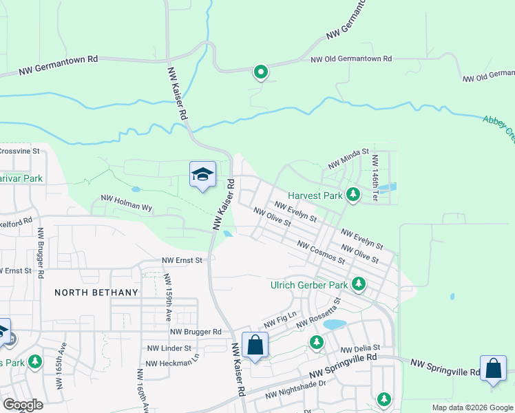 map of restaurants, bars, coffee shops, grocery stores, and more near 15327 Northwest Olive Street in Portland