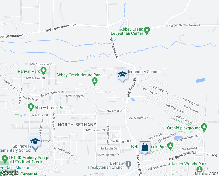 map of restaurants, bars, coffee shops, grocery stores, and more near 7325 Northwest Kaiser Road in Portland