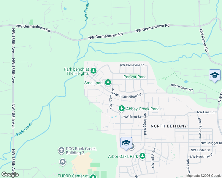 map of restaurants, bars, coffee shops, grocery stores, and more near 16954 Northwest Madrone Street in Portland