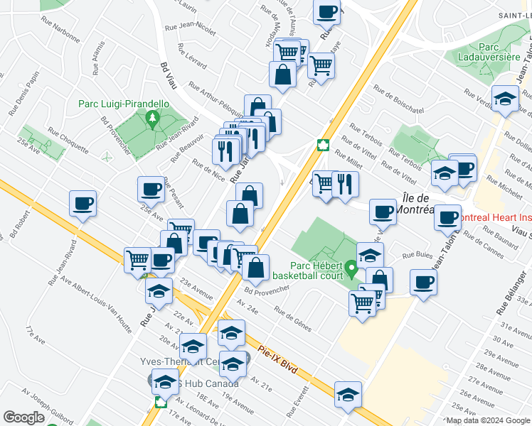 map of restaurants, bars, coffee shops, grocery stores, and more near 4505 Boulevard Métropolitain Est in Montréal