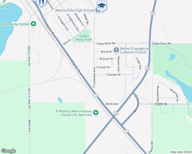 map of restaurants, bars, coffee shops, grocery stores, and more near 331 South Columbia Avenue in Morris