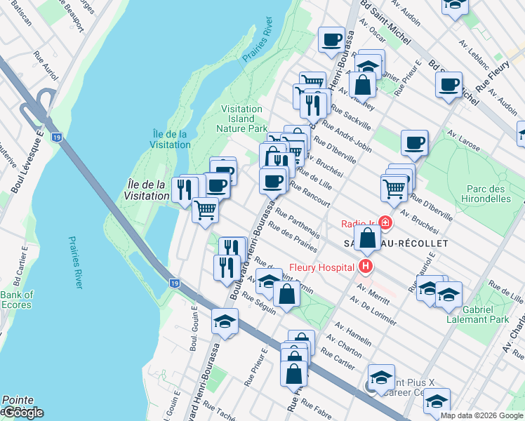 map of restaurants, bars, coffee shops, grocery stores, and more near 2185 Boulevard Henri-Bourassa Est in Montreal