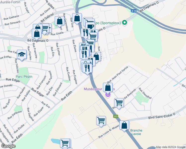 map of restaurants, bars, coffee shops, grocery stores, and more near 328 Boulevard Curé-Labelle in Laval