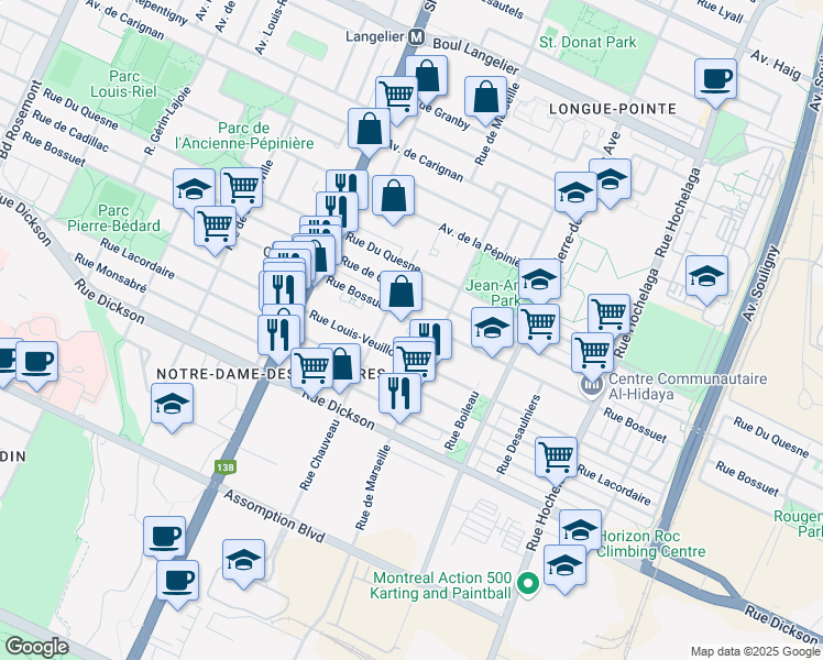 map of restaurants, bars, coffee shops, grocery stores, and more near 1875 Place Bossuet in Montréal