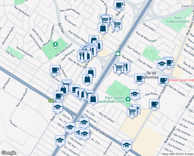 map of restaurants, bars, coffee shops, grocery stores, and more near 4505 Boulevard Métropolitain Est in Montréal
