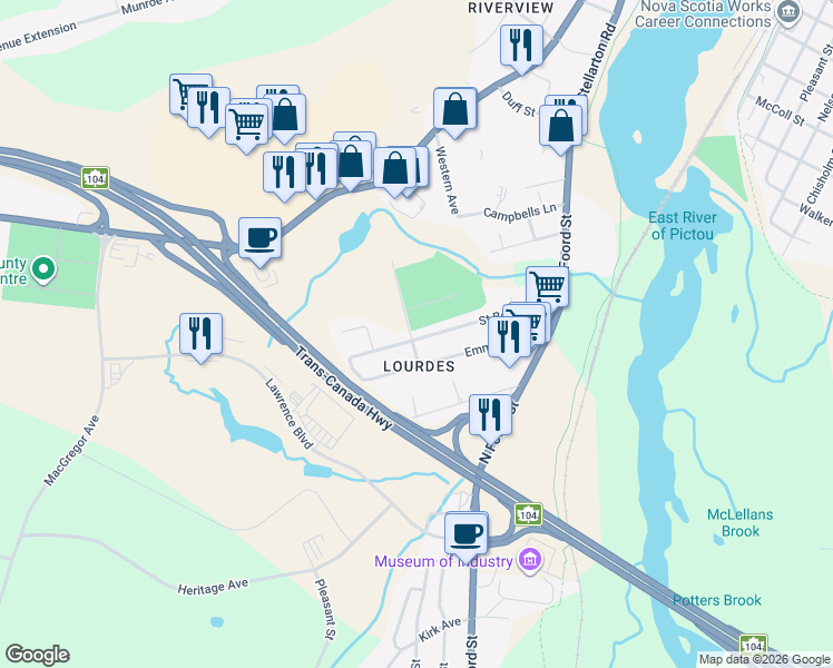 map of restaurants, bars, coffee shops, grocery stores, and more near 38 Saint Bernard Street in New Glasgow
