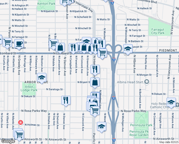 map of restaurants, bars, coffee shops, grocery stores, and more near 7103 North Greenwich Avenue in Portland