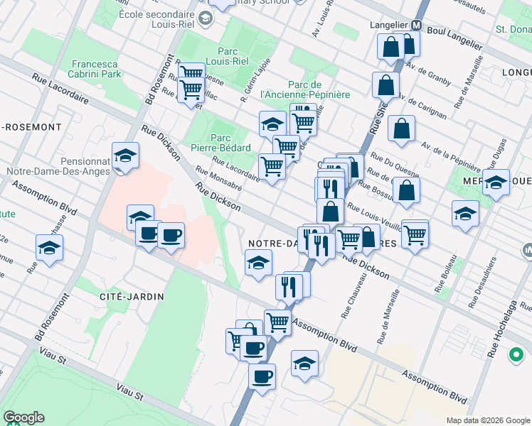map of restaurants, bars, coffee shops, grocery stores, and more near 5015 Rue Dickson in Montrã©Al