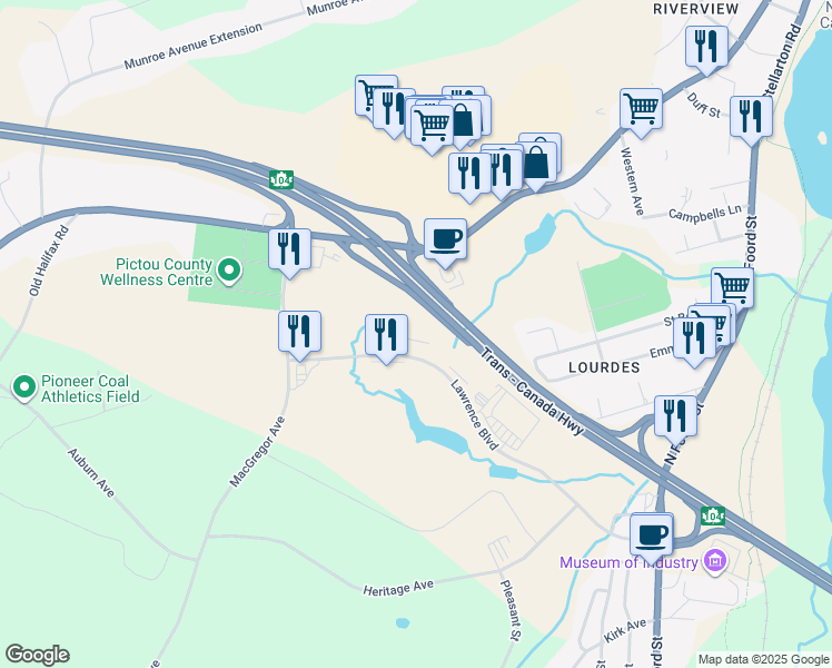 map of restaurants, bars, coffee shops, grocery stores, and more near 86 Lawrence Boulevard in Stellarton