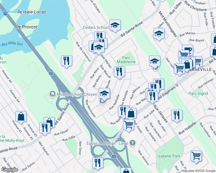 map of restaurants, bars, coffee shops, grocery stores, and more near 3876 Rue Nicole in Laval