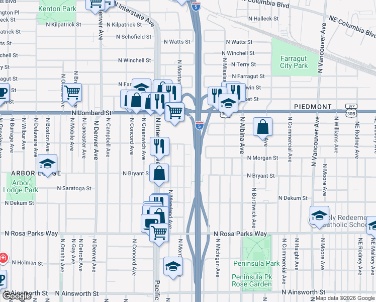 map of restaurants, bars, coffee shops, grocery stores, and more near 7050 North Montana Avenue in Portland