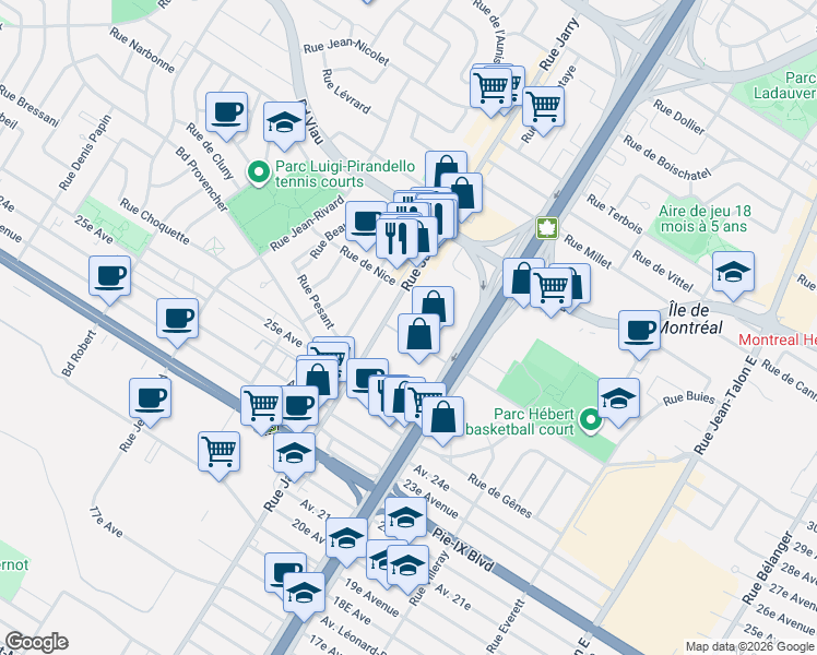 map of restaurants, bars, coffee shops, grocery stores, and more near 4444 Rue Jarry Est in Montréal