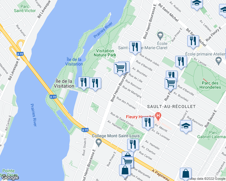 map of restaurants, bars, coffee shops, grocery stores, and more near 2185 Boulevard Henri-Bourassa Est in Montréal