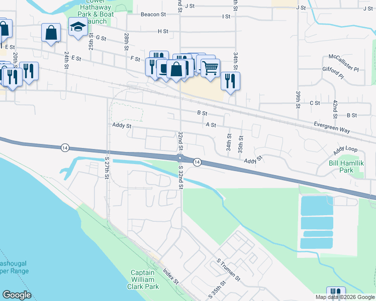 map of restaurants, bars, coffee shops, grocery stores, and more near Lewis Lane in Washougal