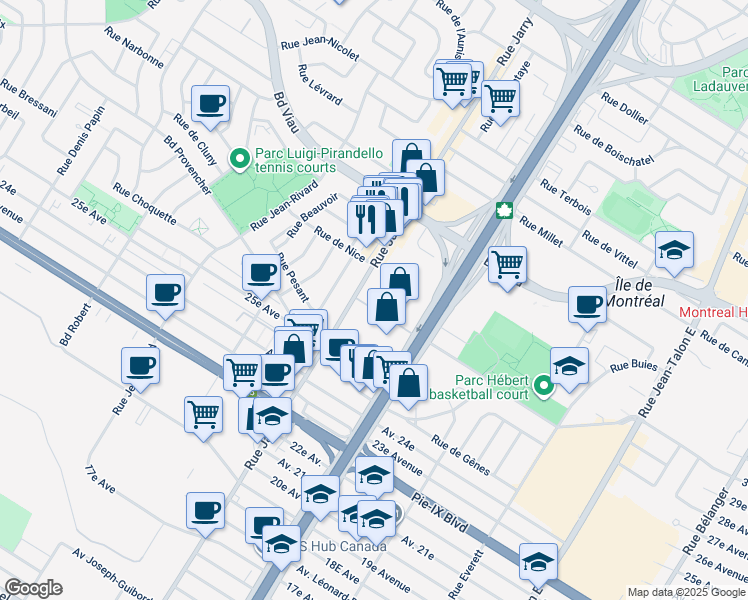 map of restaurants, bars, coffee shops, grocery stores, and more near in Montreal