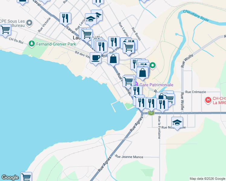 map of restaurants, bars, coffee shops, grocery stores, and more near 5420 Boulevard des Vétérans in Lac-Mégantic