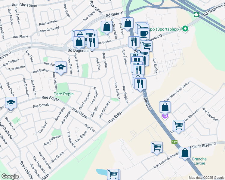 map of restaurants, bars, coffee shops, grocery stores, and more near 360 Rue Édouard in Laval