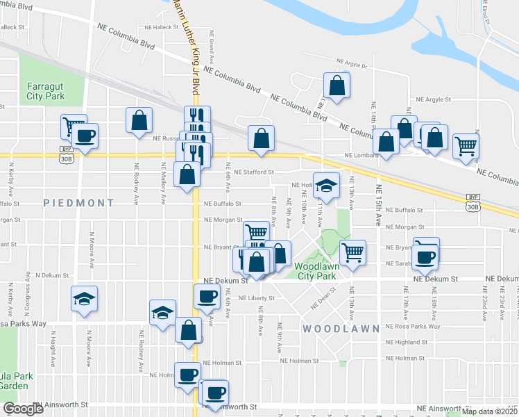 map of restaurants, bars, coffee shops, grocery stores, and more near 717 Northeast Morgan Street in Portland