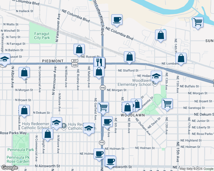 map of restaurants, bars, coffee shops, grocery stores, and more near 409 North Morgan Street in Portland