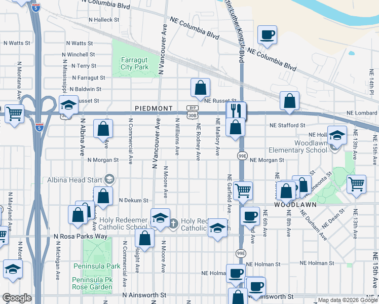 map of restaurants, bars, coffee shops, grocery stores, and more near 65 Northeast Morgan Street in Portland