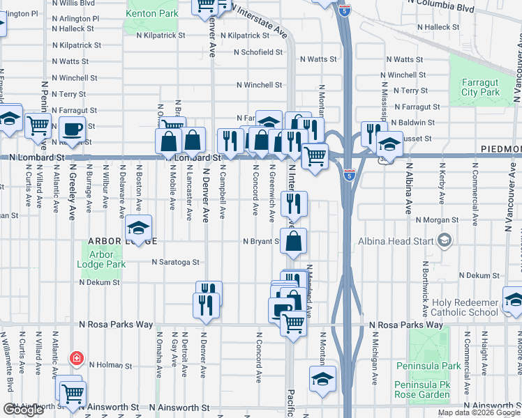map of restaurants, bars, coffee shops, grocery stores, and more near 7103 North Greenwich Avenue in Portland