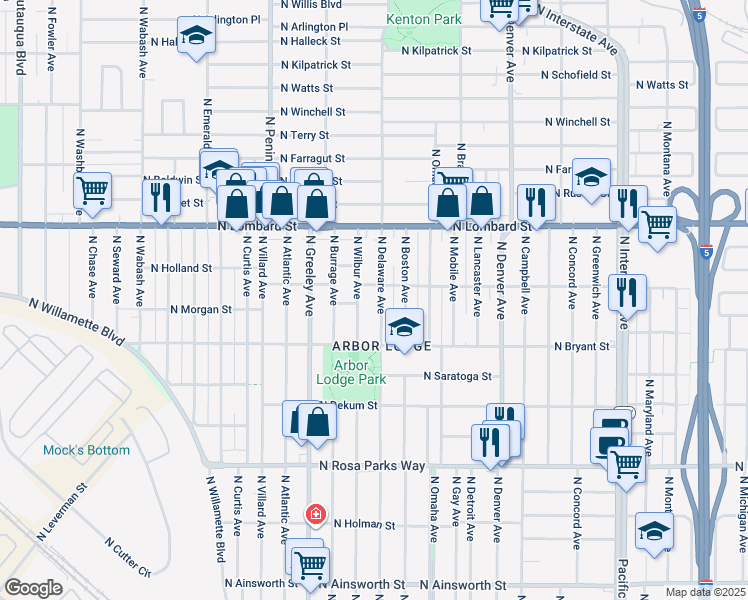map of restaurants, bars, coffee shops, grocery stores, and more near 7102 North Delaware Avenue in Portland