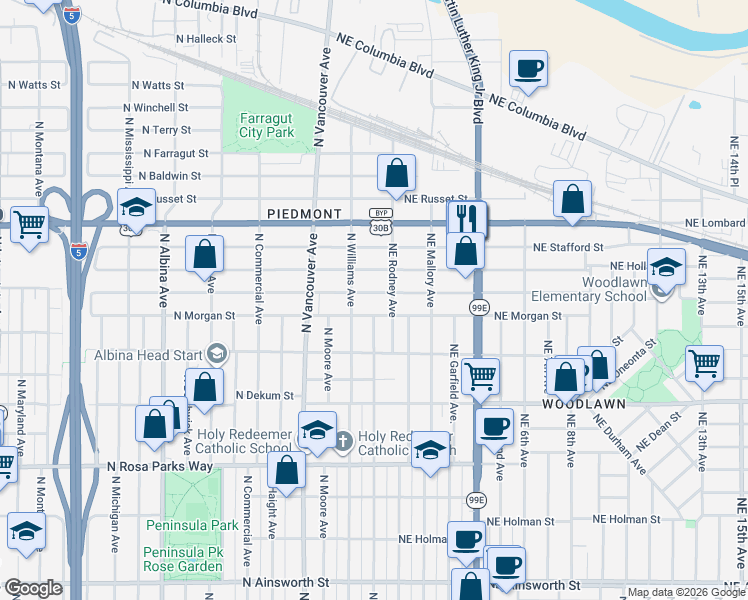 map of restaurants, bars, coffee shops, grocery stores, and more near 65 Northeast Morgan Street in Portland