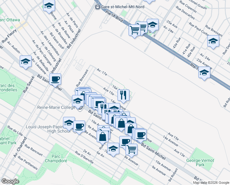 map of restaurants, bars, coffee shops, grocery stores, and more near 9159 15e Avenue in Montréal