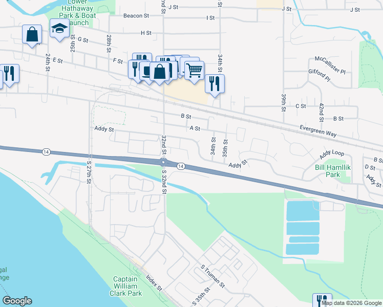 map of restaurants, bars, coffee shops, grocery stores, and more near 3370 Addy Street in Washougal