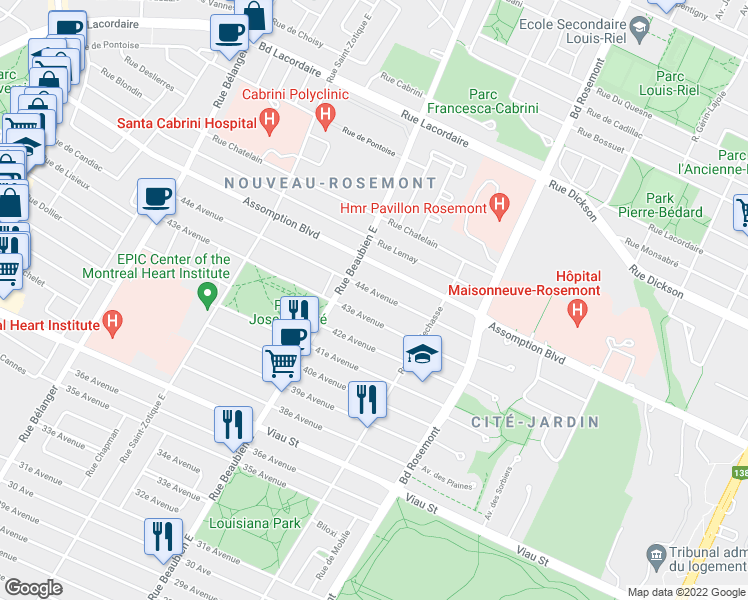 map of restaurants, bars, coffee shops, grocery stores, and more near 6394 44e Avenue in Montréal