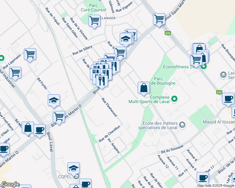 map of restaurants, bars, coffee shops, grocery stores, and more near 455 Rue de Chablis in Laval