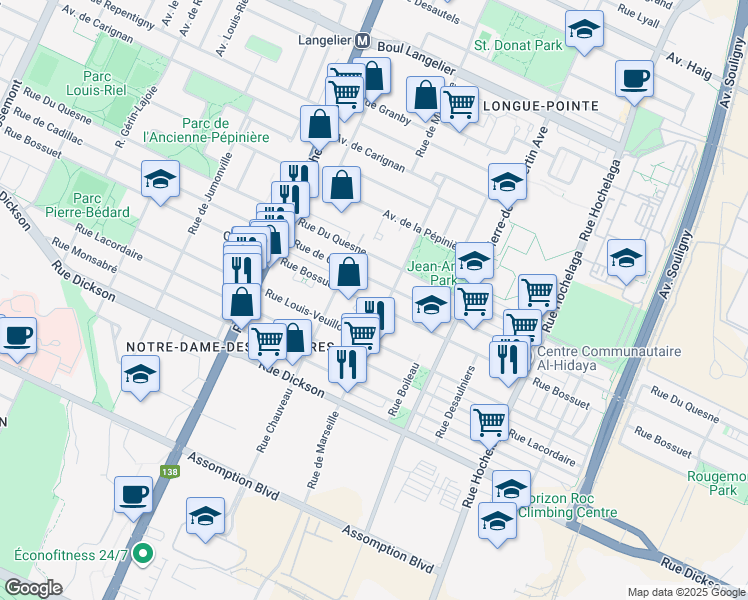 map of restaurants, bars, coffee shops, grocery stores, and more near 3035 Rue Bossuet in Montreal