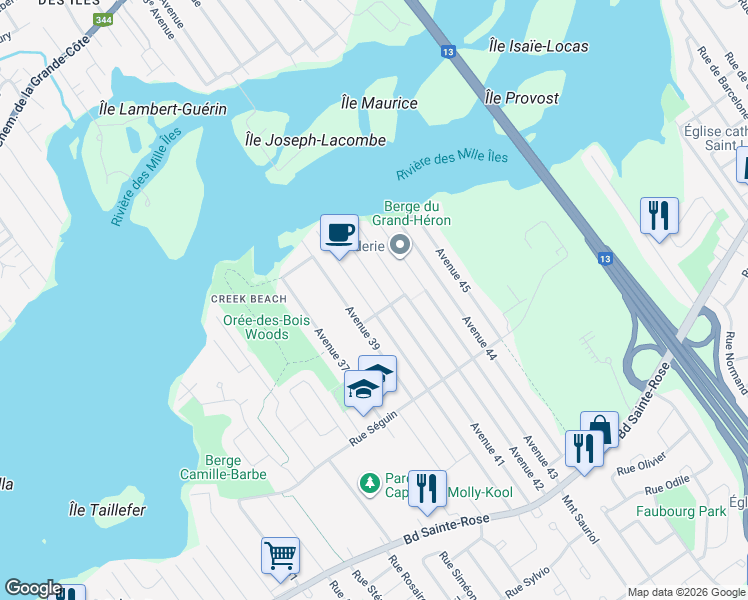 map of restaurants, bars, coffee shops, grocery stores, and more near 1219 40e Av in Laval
