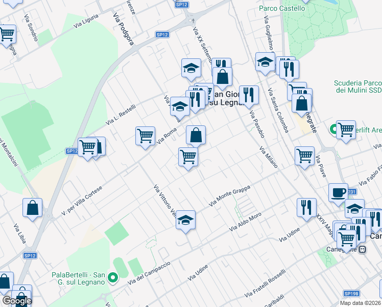 map of restaurants, bars, coffee shops, grocery stores, and more near 15 Via Giuseppe Garibaldi in San Giorgio Su Legnano
