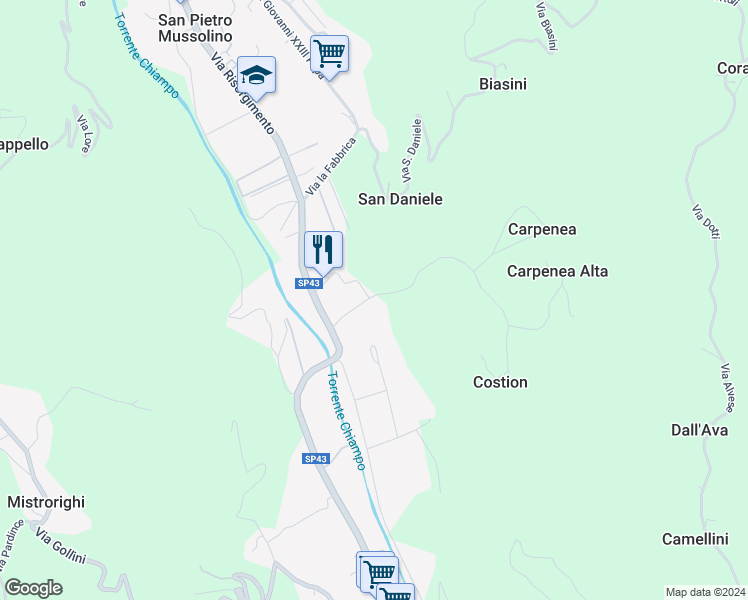 map of restaurants, bars, coffee shops, grocery stores, and more near 22 Via Zoccolari in Chiampo