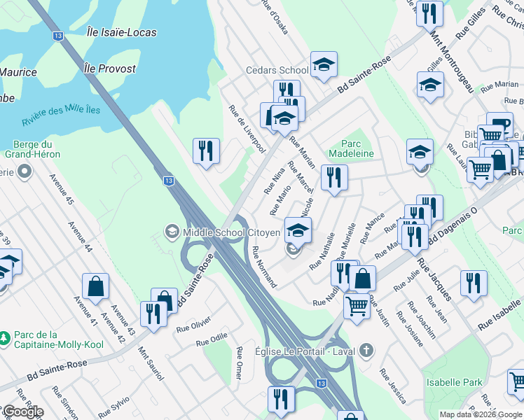map of restaurants, bars, coffee shops, grocery stores, and more near 3928 Rue Nina in Laval