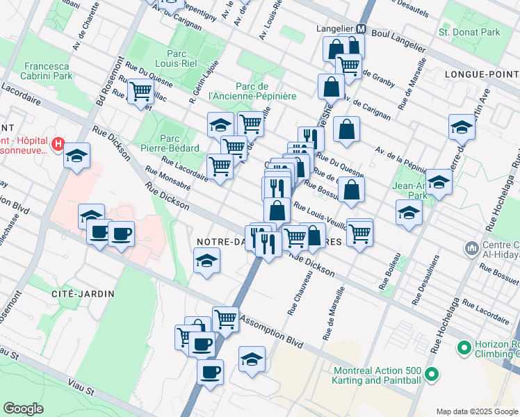 map of restaurants, bars, coffee shops, grocery stores, and more near 3950 Rue Lacordaire in Montréal