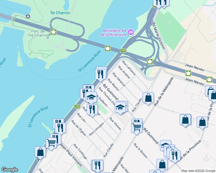 map of restaurants, bars, coffee shops, grocery stores, and more near 39 Boulevard Guimond in Longueuil