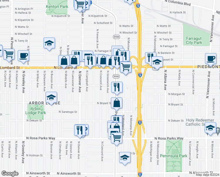 map of restaurants, bars, coffee shops, grocery stores, and more near 7103 North Greenwich Avenue in Portland