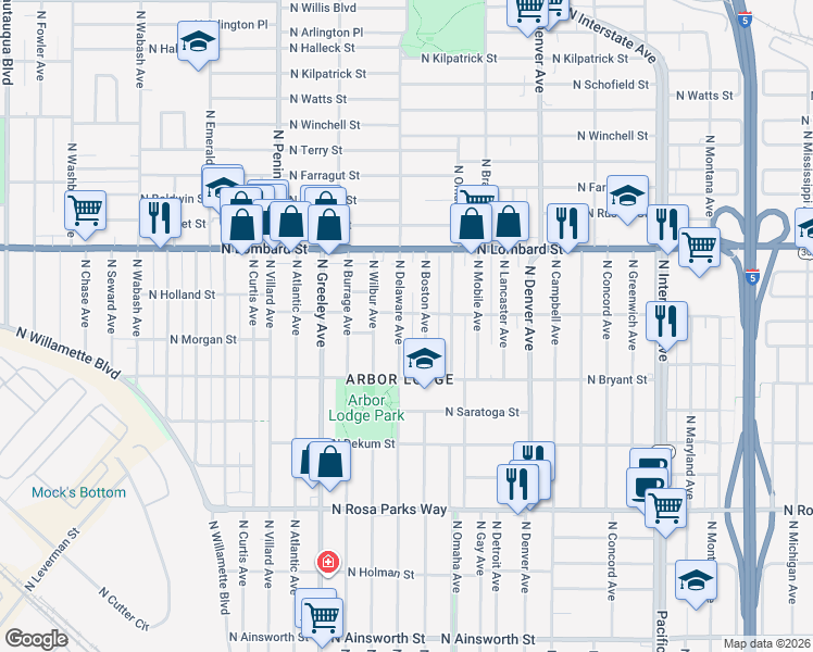 map of restaurants, bars, coffee shops, grocery stores, and more near 7102 North Delaware Avenue in Portland