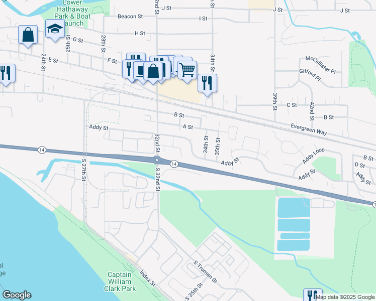 map of restaurants, bars, coffee shops, grocery stores, and more near 3370 Addy Street in Washougal