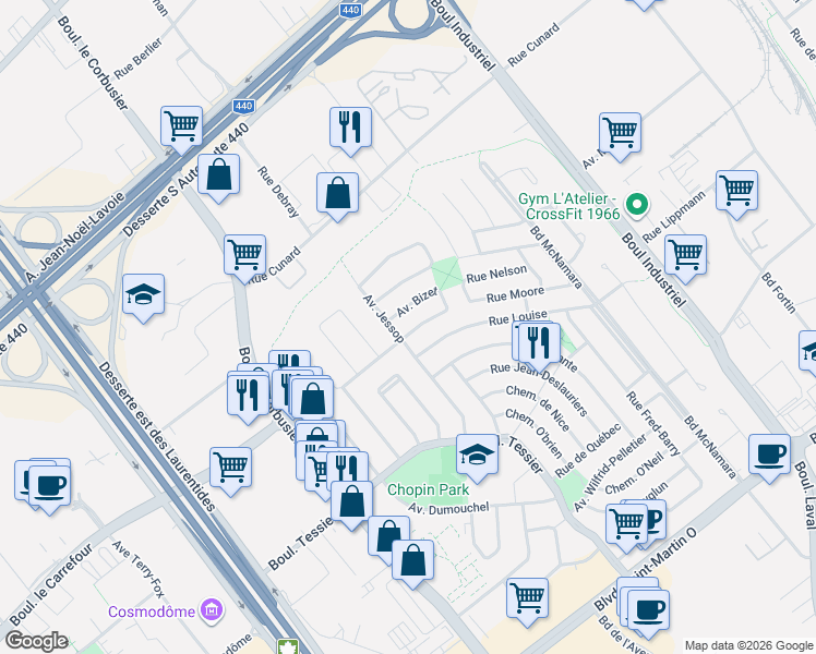 map of restaurants, bars, coffee shops, grocery stores, and more near 1612 Avenue Bizet in Laval