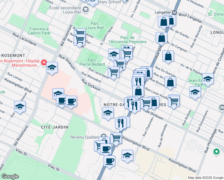 map of restaurants, bars, coffee shops, grocery stores, and more near 5725 Rue de Jumonville in Montréal