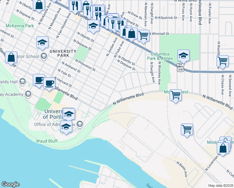 map of restaurants, bars, coffee shops, grocery stores, and more near 4729 North Willamette Boulevard in Portland
